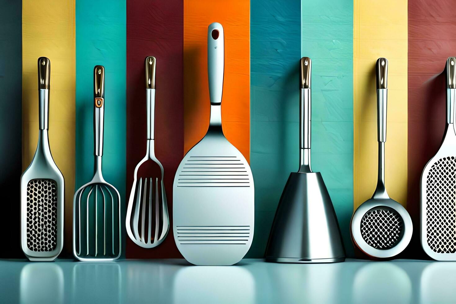 a collection of kitchen utensils against a colorful wall. AI-Generated photo