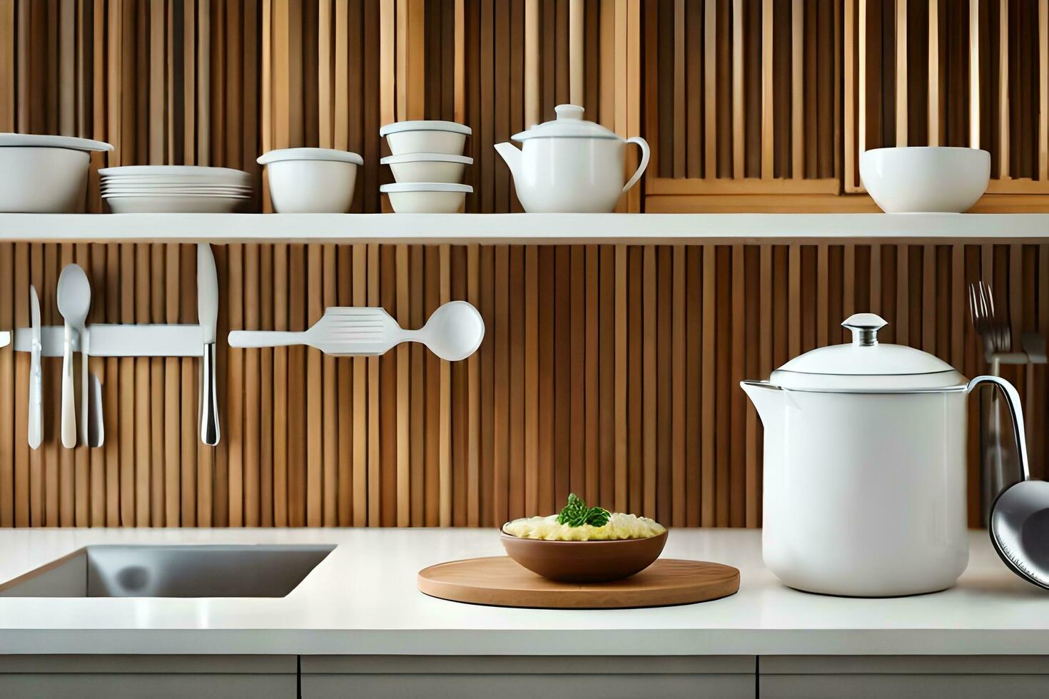 un cocina con un de madera pared y blanco encimeras generado por ai foto