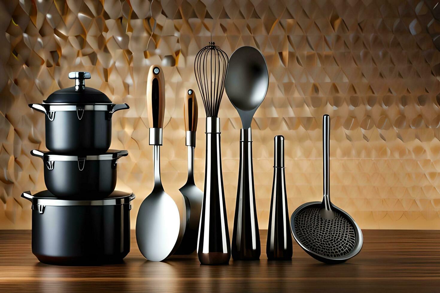 a group of kitchen utensils on a wooden table. AI-Generated photo