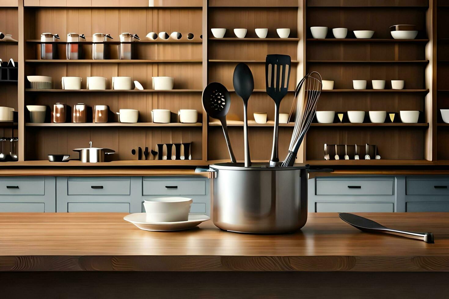 a kitchen with a pot and utensils on a table. AI-Generated photo