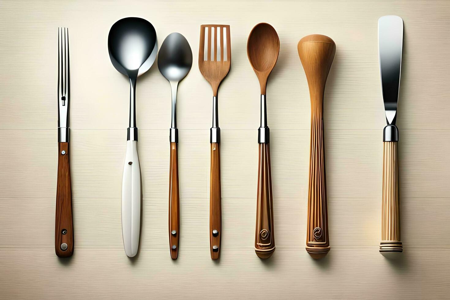 a group of different utensils arranged in a row. AI-Generated photo