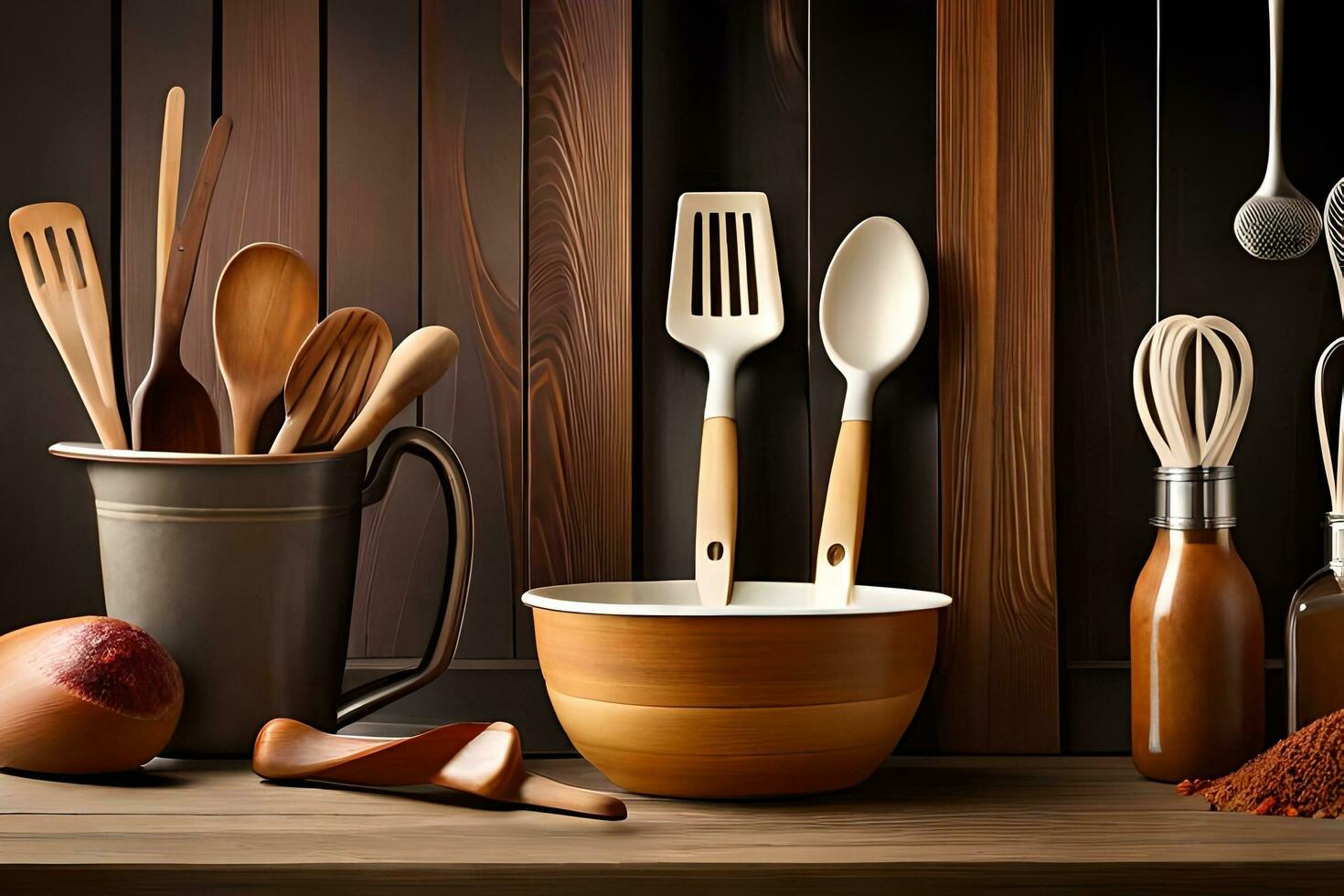 various wooden utensils and spoons sit on a table. AI-Generated photo