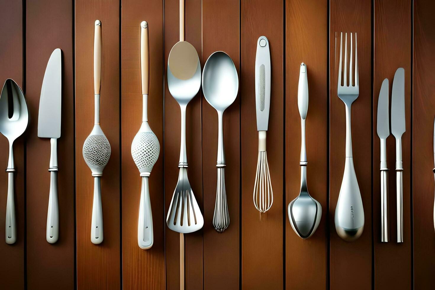 a collection of silverware on a wooden table. AI-Generated photo