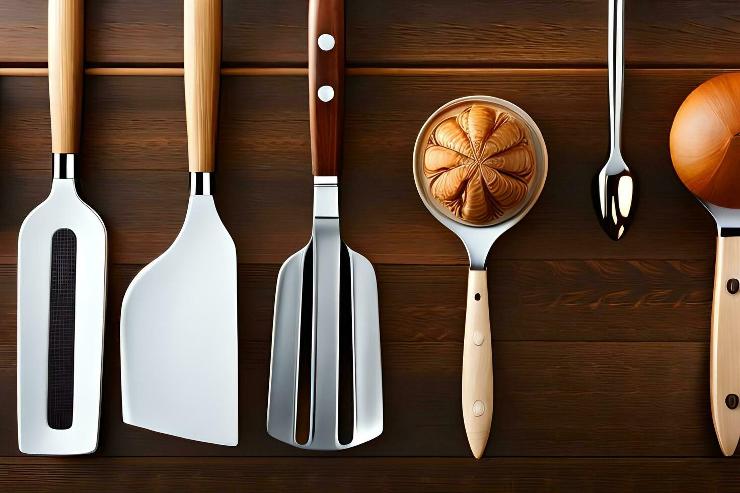 a collection of kitchen utensils on a wooden table. AI-Generated photo