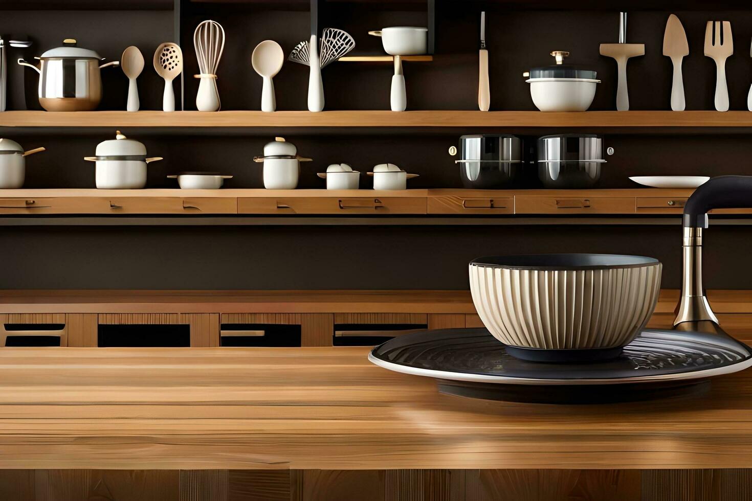 un cocina con un de madera estante y un café fabricante. generado por ai foto