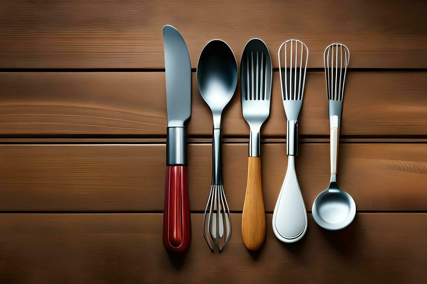 five different utensils on a wooden table. AI-Generated photo