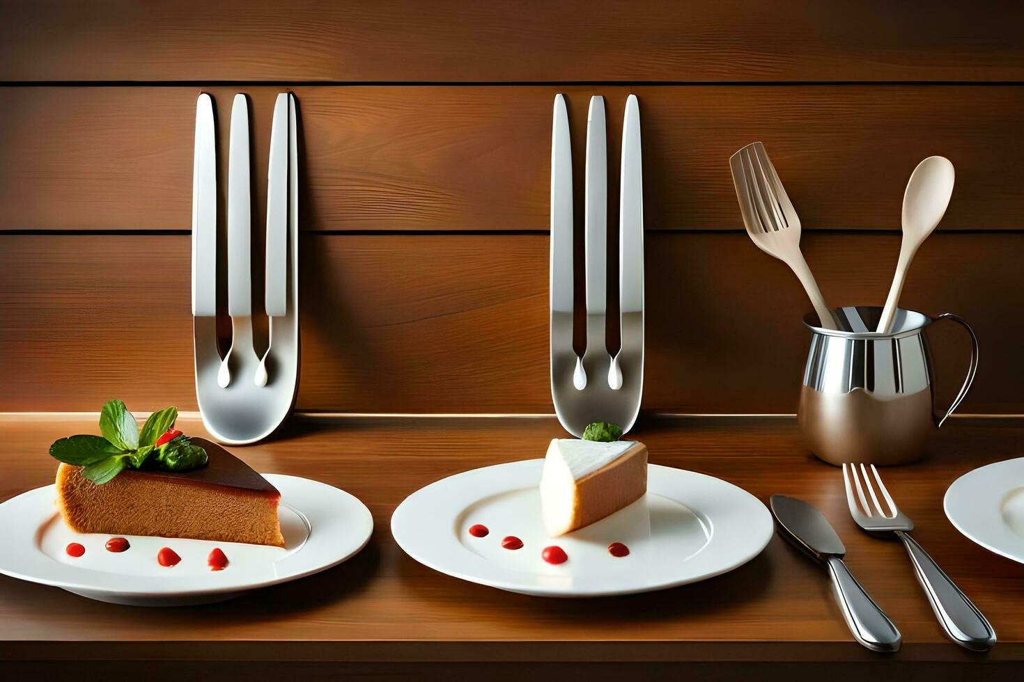 a table with forks, spoons and dessert on it. AI-Generated photo