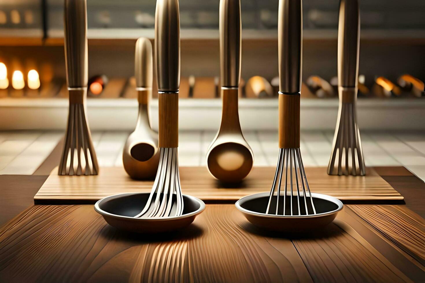 a set of wooden utensils on a wooden table. AI-Generated photo