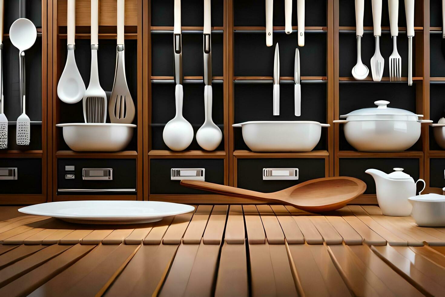 kitchen utensils in wooden cabinet. AI-Generated photo