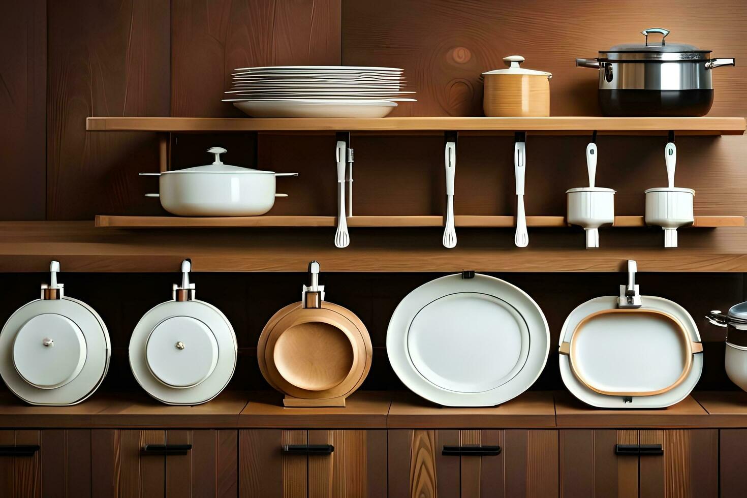 a kitchen with many different pots and pans on shelves. AI-Generated photo