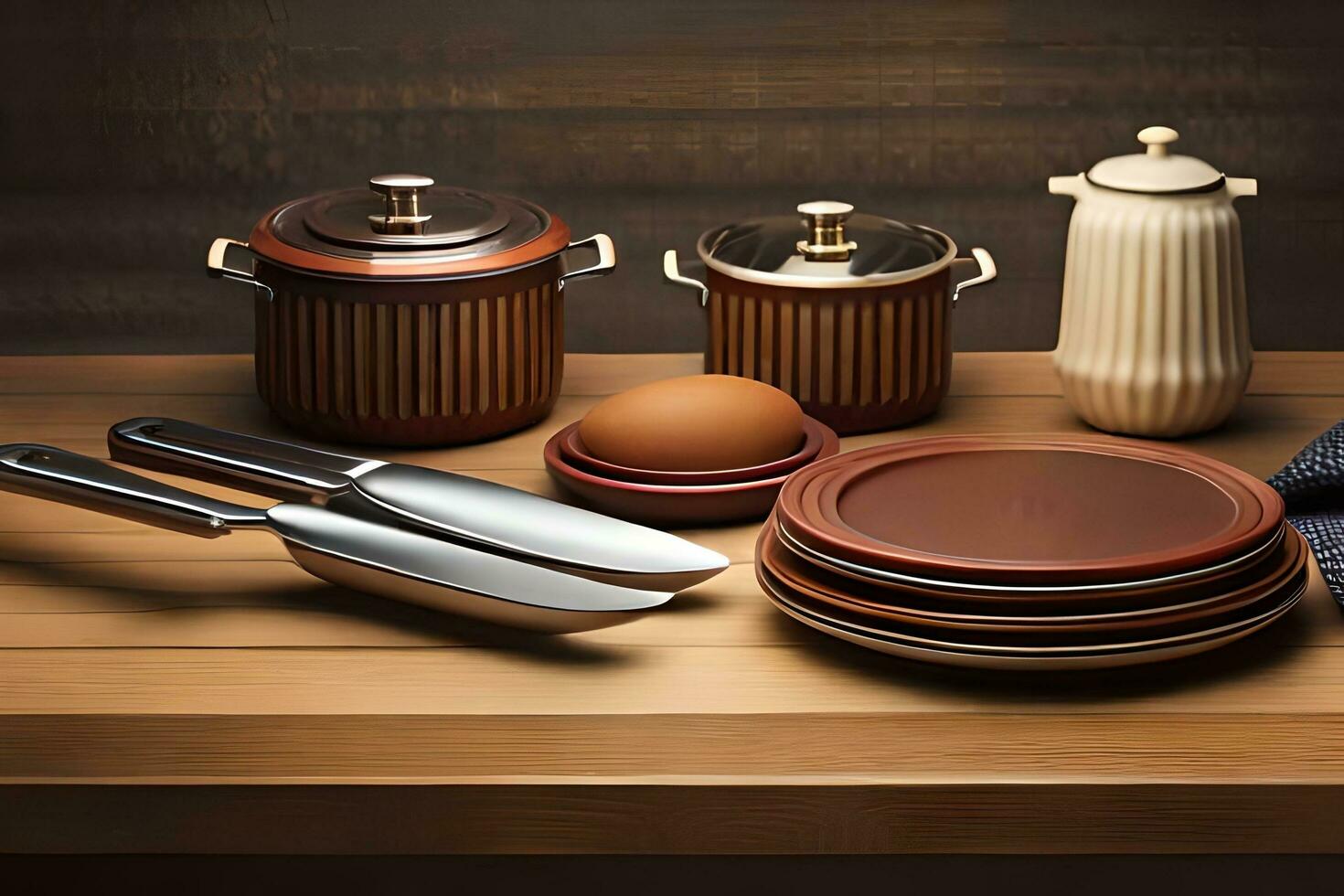 a wooden table with a knife, pots and pans. AI-Generated photo
