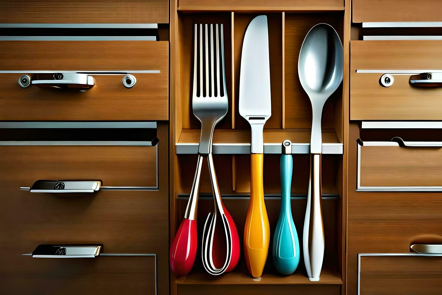 a drawer with utensils and a knife in it. AI-Generated photo