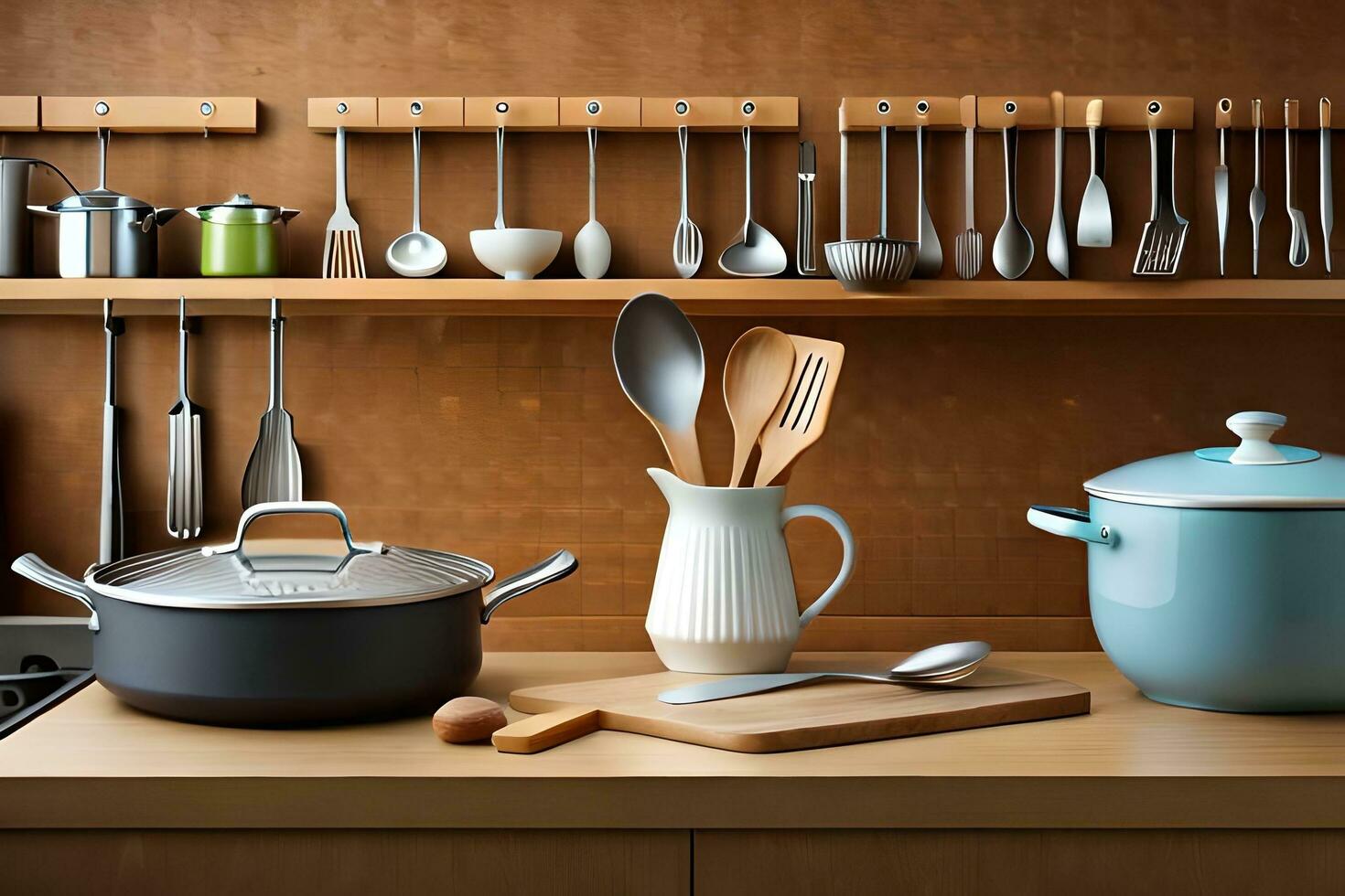 un cocina con utensilios y ollas en un estante. generado por ai foto