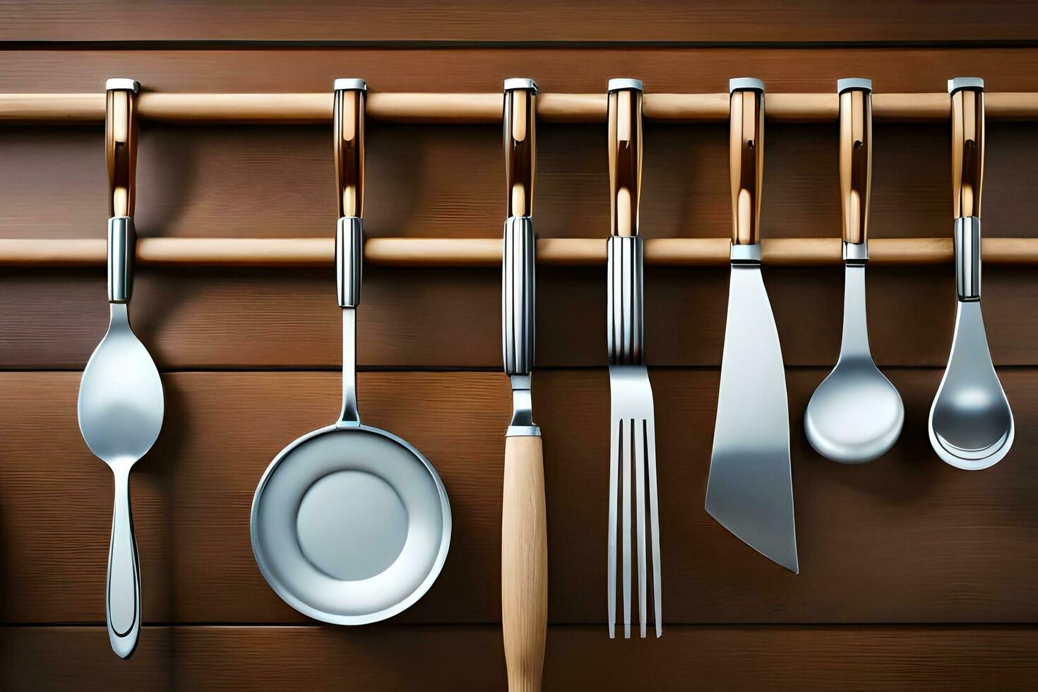 kitchen utensils hanging on a wooden rack. AI-Generated photo