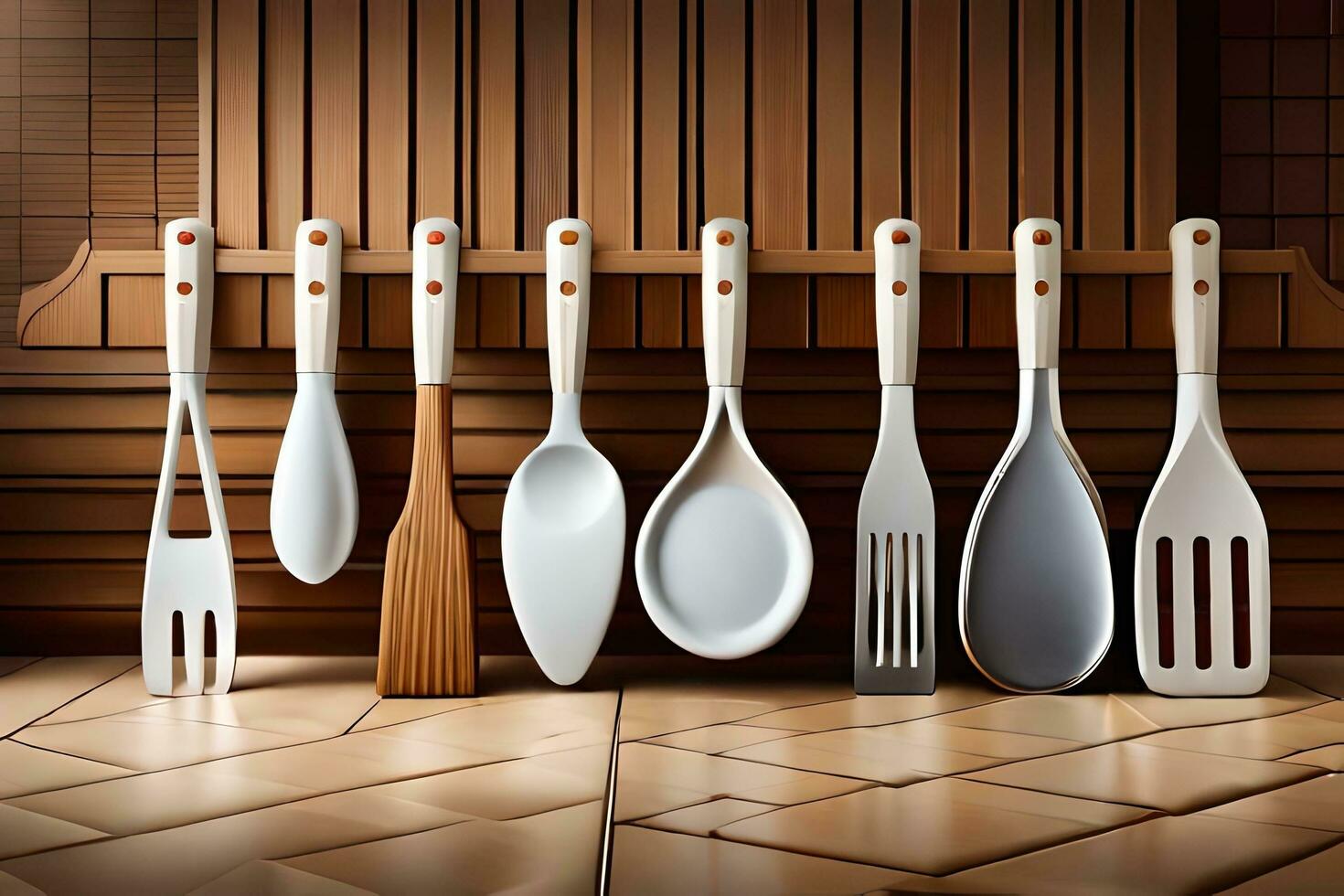 a group of kitchen utensils are lined up on a shelf. AI-Generated photo
