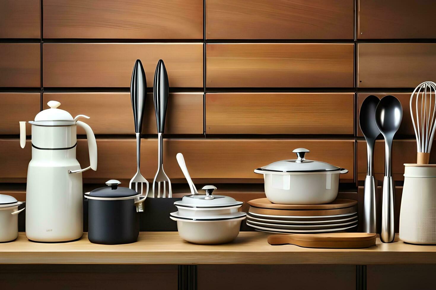 a kitchen with many different utensils and pots. AI-Generated photo