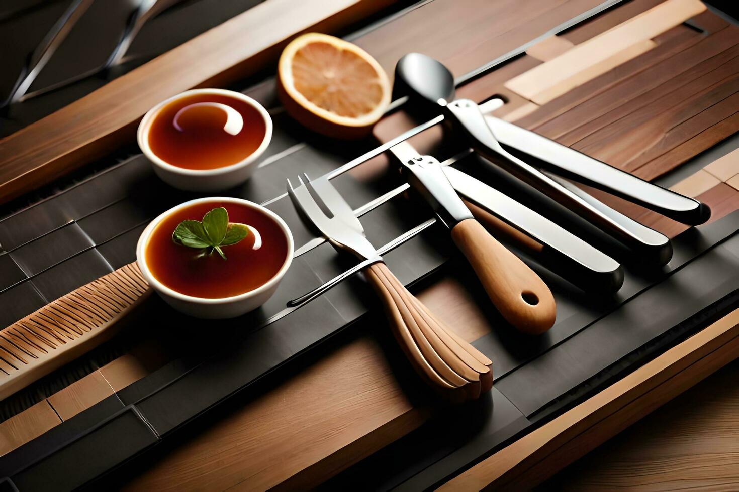 a tray with a knife, fork and spoon on it. AI-Generated photo