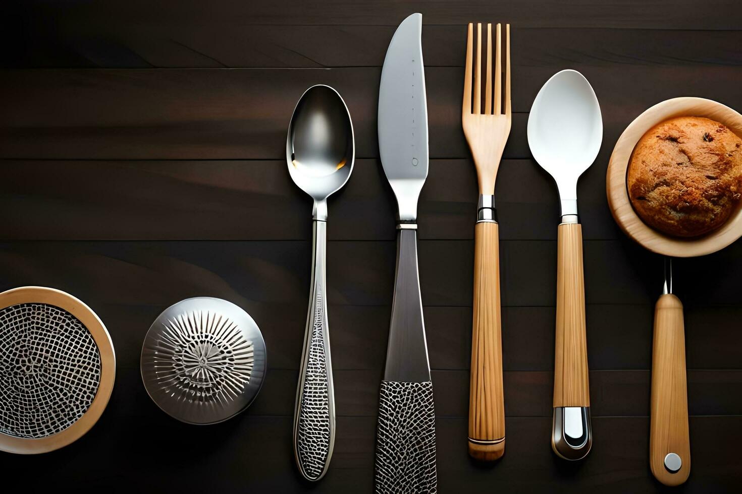 a variety of utensils including spoons, forks, and knives. AI-Generated photo