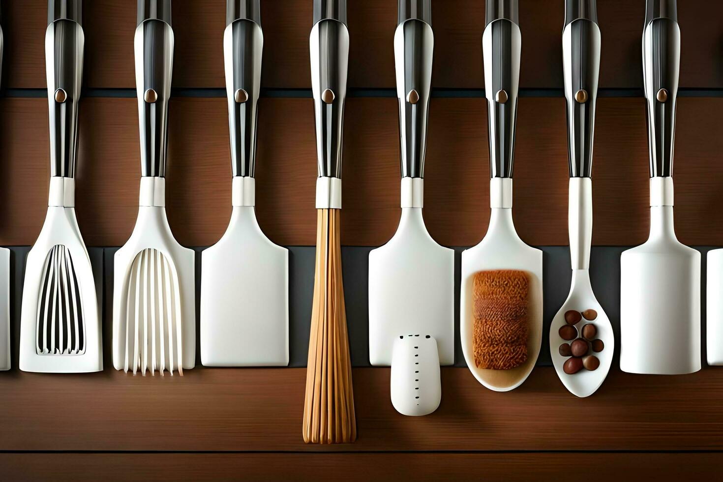 a group of utensils are lined up on a wooden surface. AI-Generated photo