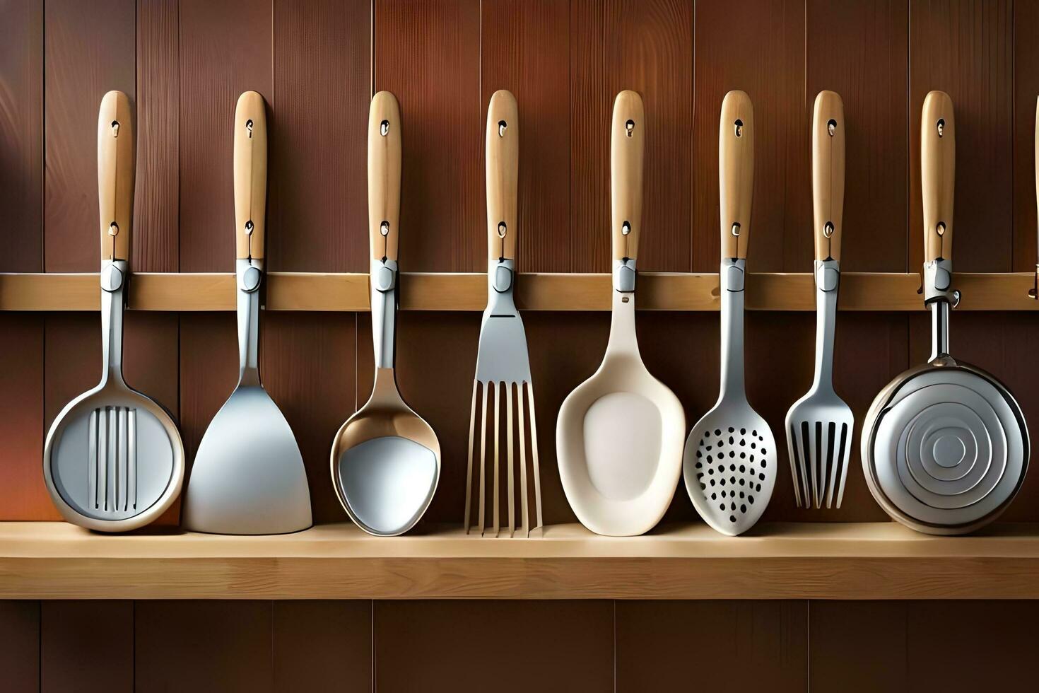 a row of utensils are lined up on a shelf. AI-Generated photo