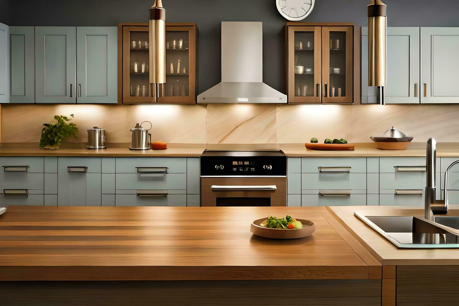 a modern kitchen with blue cabinets and wood counter tops. AI-Generated photo