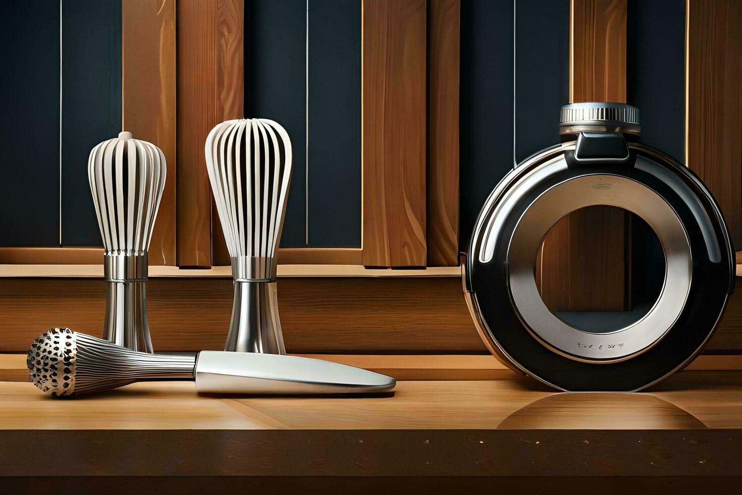 a set of whisk and whisker on a wooden table. AI-Generated photo