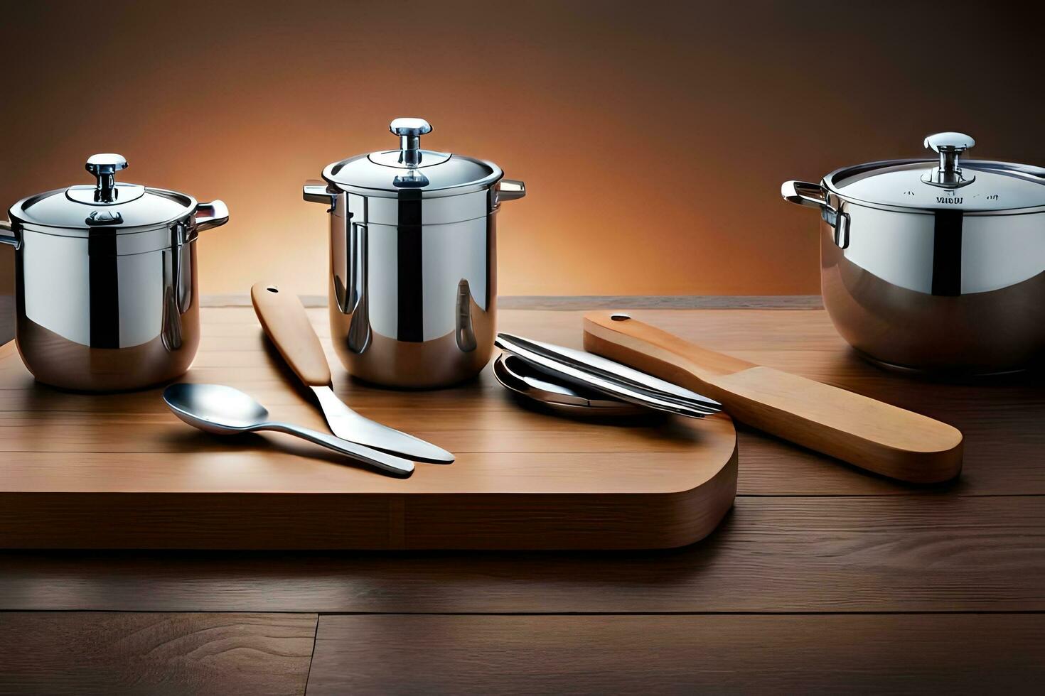 a wooden cutting board with silver pots and spoons. AI-Generated photo