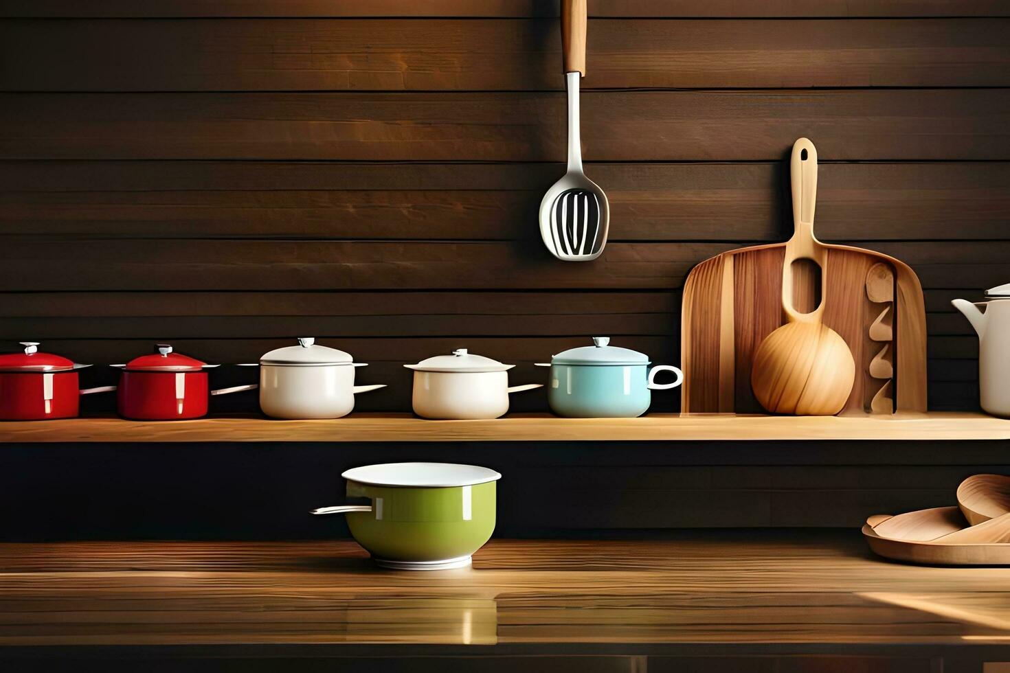 a kitchen with many different pots and pans on a shelf. AI-Generated photo