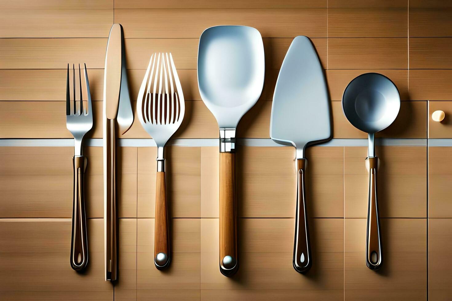 a set of four utensils on a wooden surface. AI-Generated photo