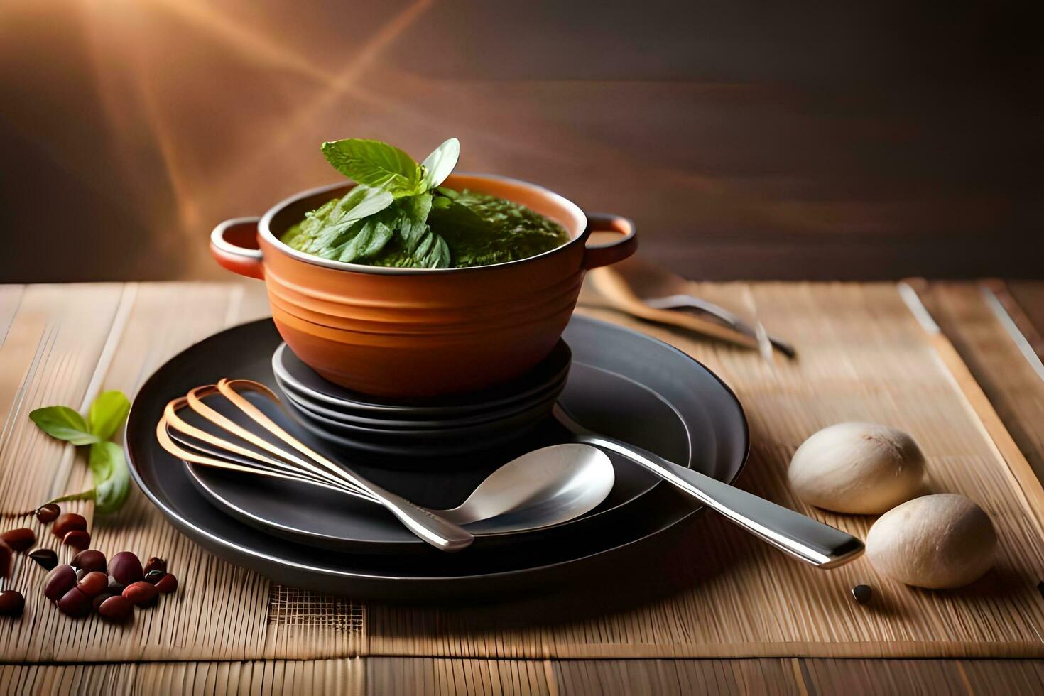 a bowl of soup with a spoon and spoons on a table. AI-Generated photo