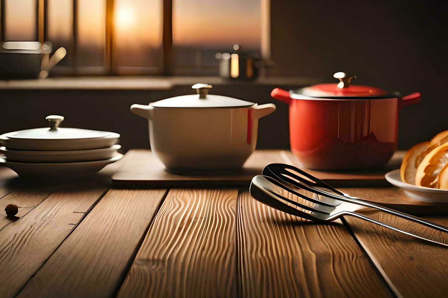 a table with a set of dishes and utensils. AI-Generated photo