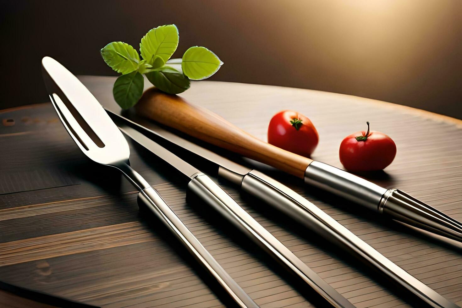 a knife, fork and tomato on a wooden table. AI-Generated photo
