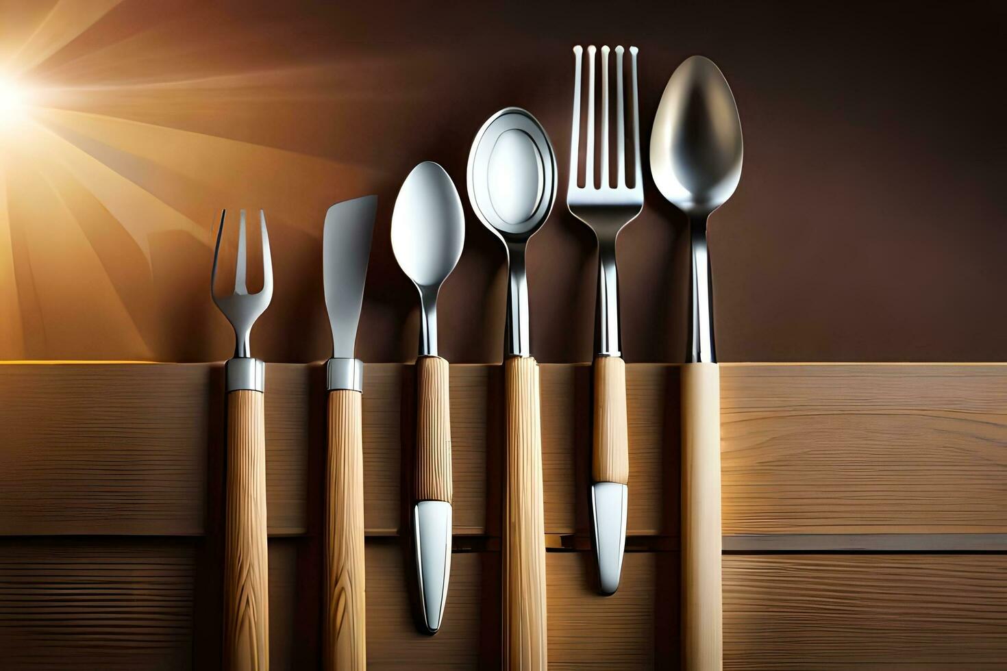 five different utensils are lined up on a wooden table. AI-Generated photo