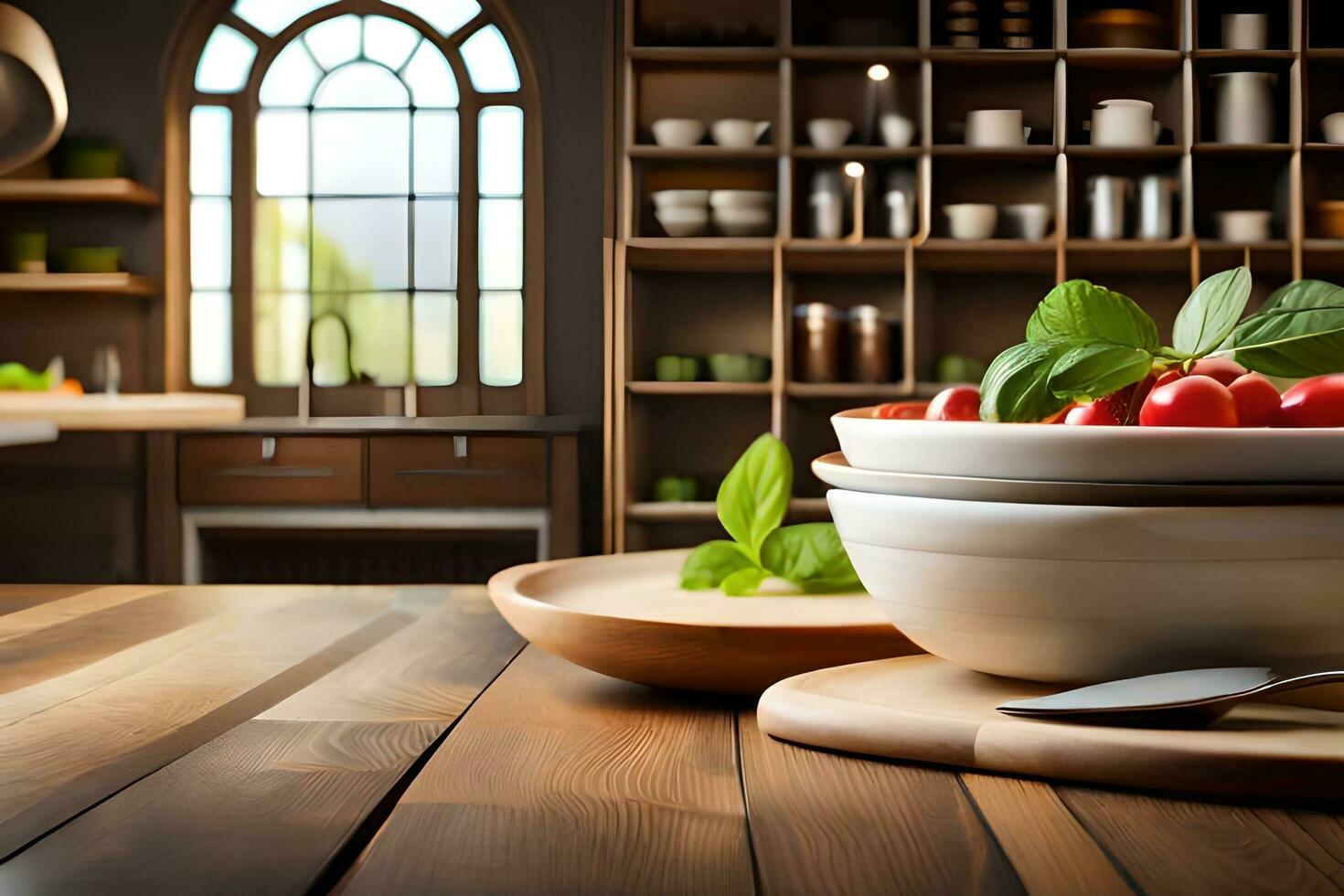a kitchen with bowls and a knife on a table. AI-Generated photo