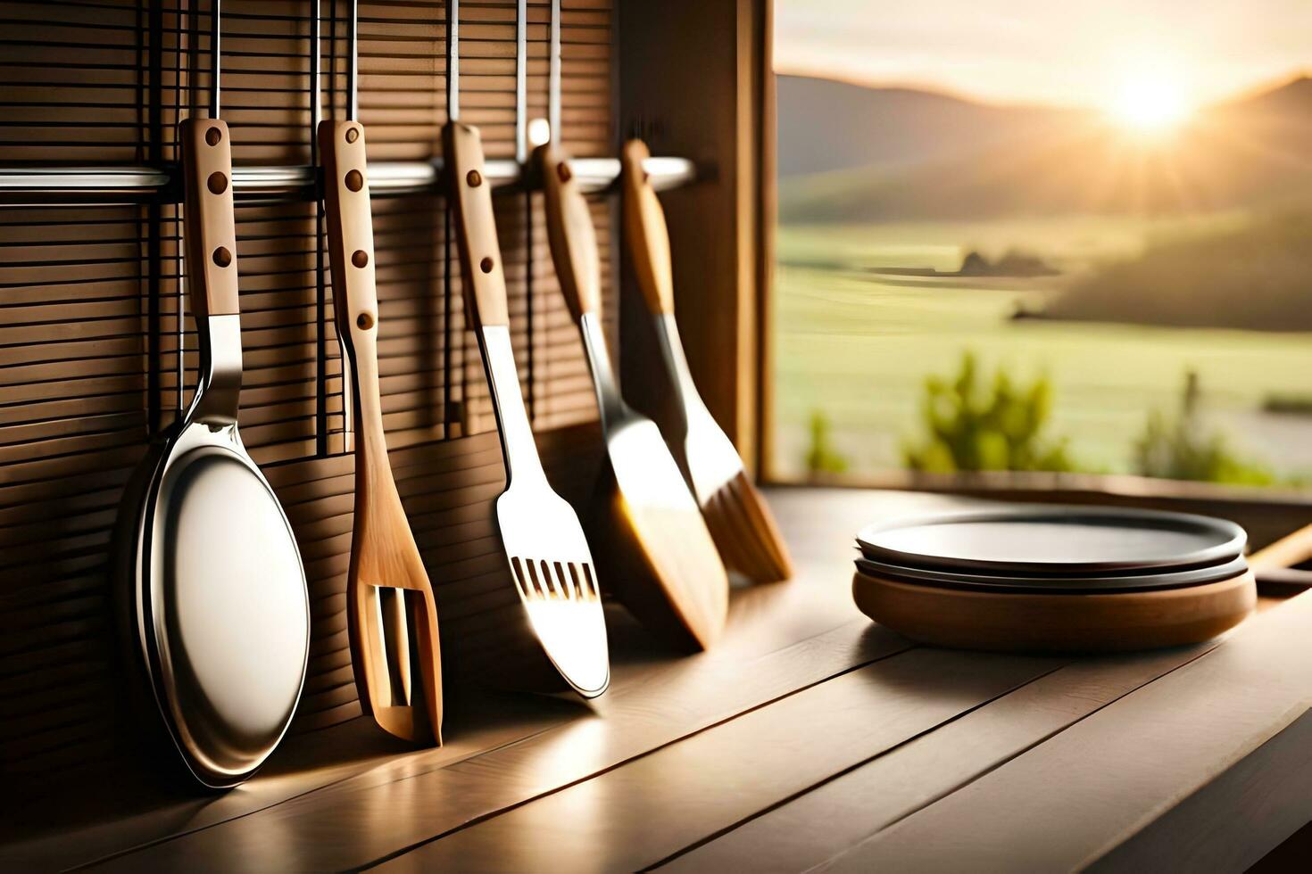 kitchen utensils on a wooden shelf. AI-Generated photo