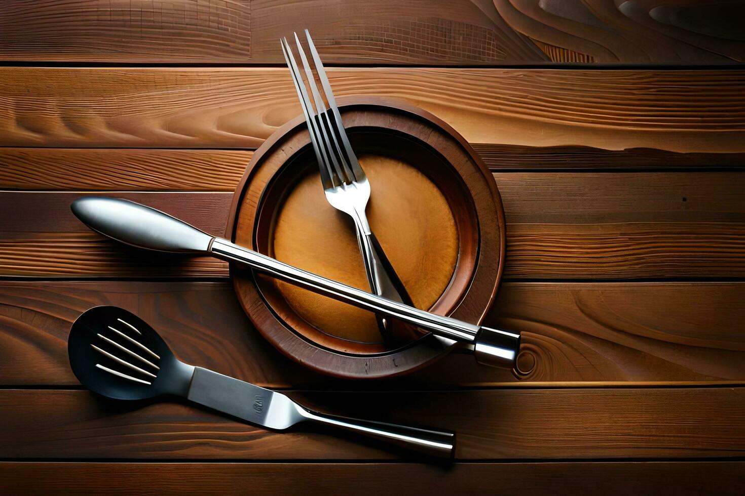 a fork, spoon and knife on a wooden table. AI-Generated photo