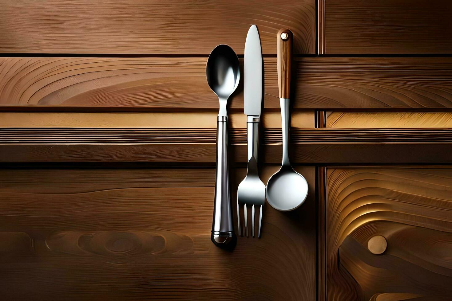 a knife and fork sit on a wooden table. AI-Generated photo