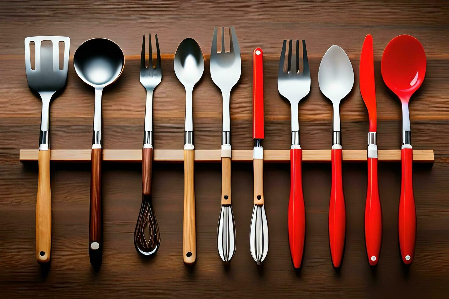 a collection of utensils on a wooden shelf. AI-Generated photo