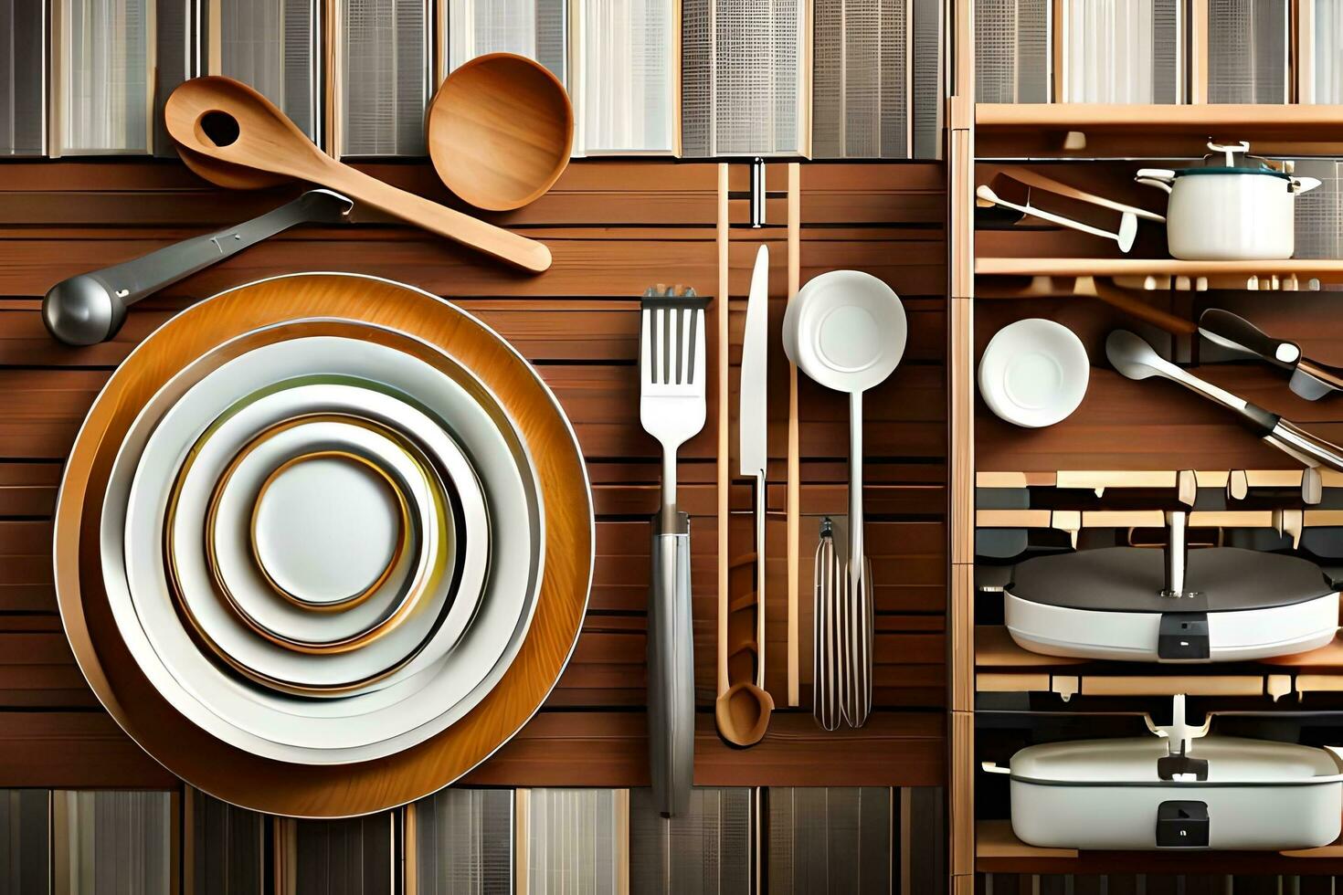 a wooden table with utensils and dishes. AI-Generated photo