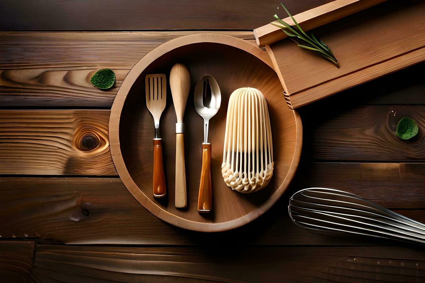 a wooden bowl with utensils and a whisk on a wooden table. AI-Generated photo