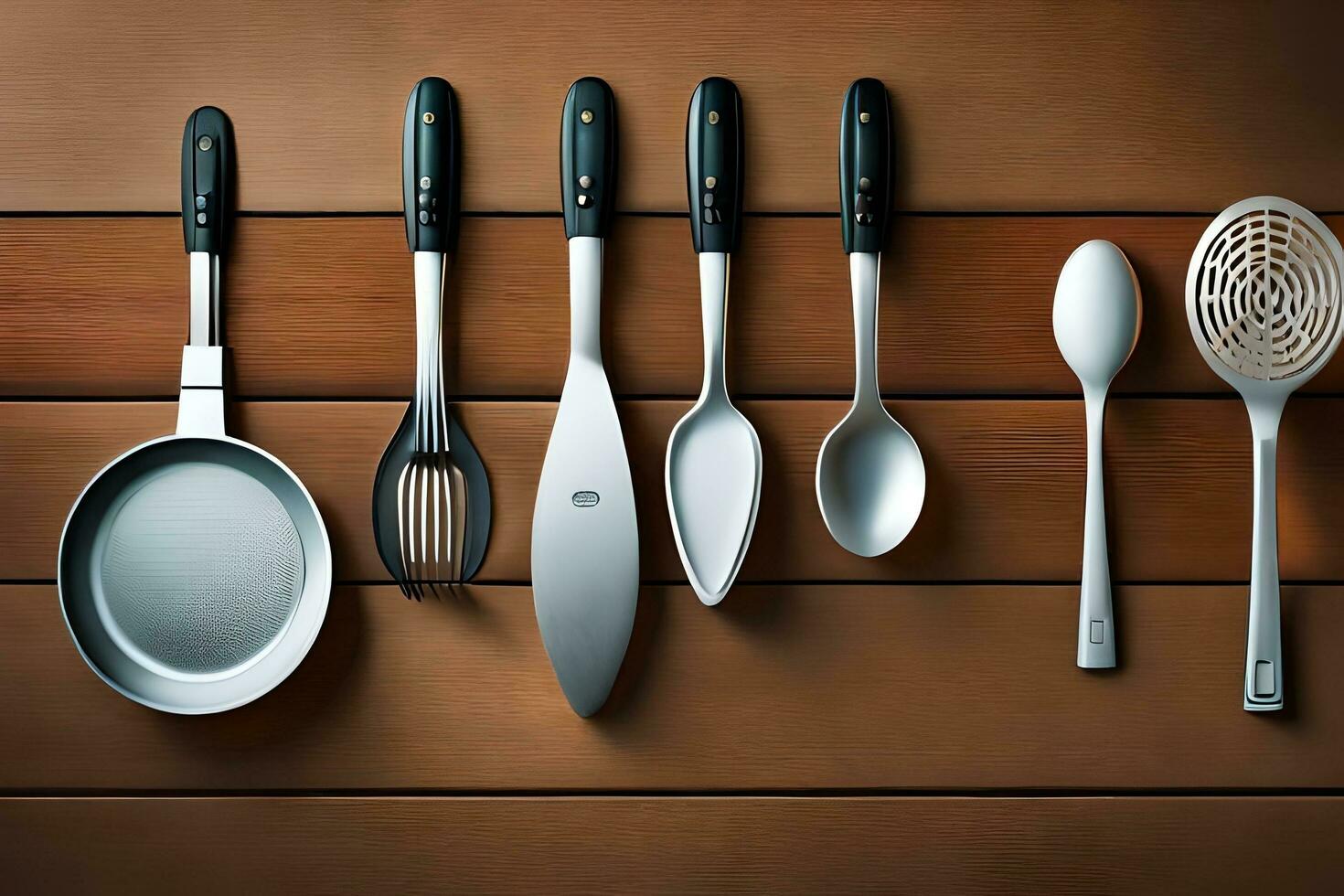 a collection of kitchen utensils on a wooden table. AI-Generated photo