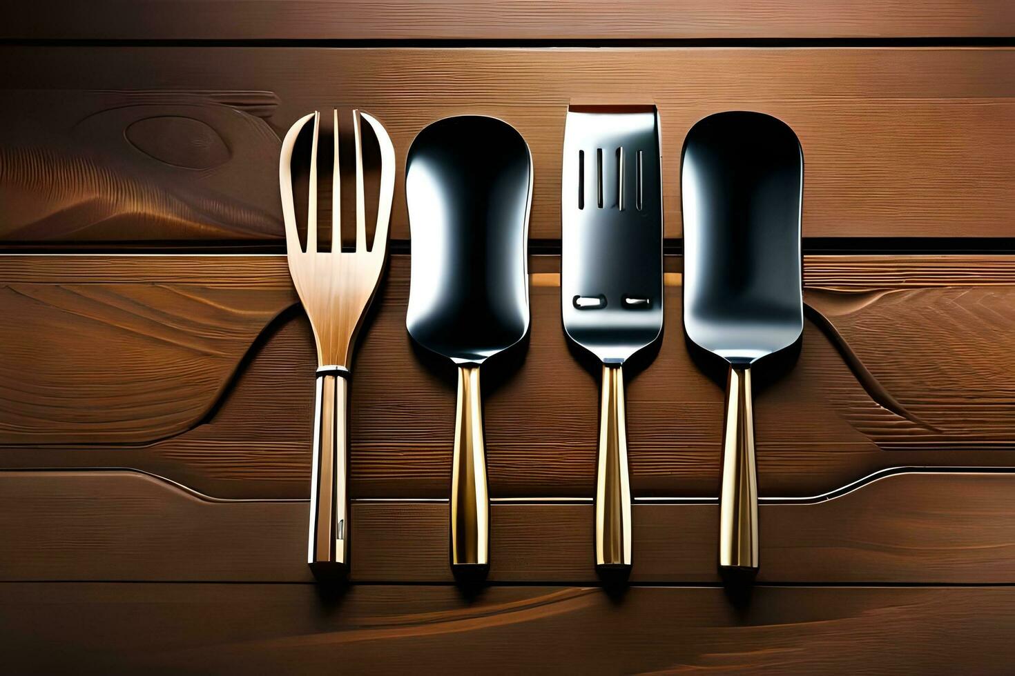 four different utensils are shown on a wooden surface. AI-Generated photo