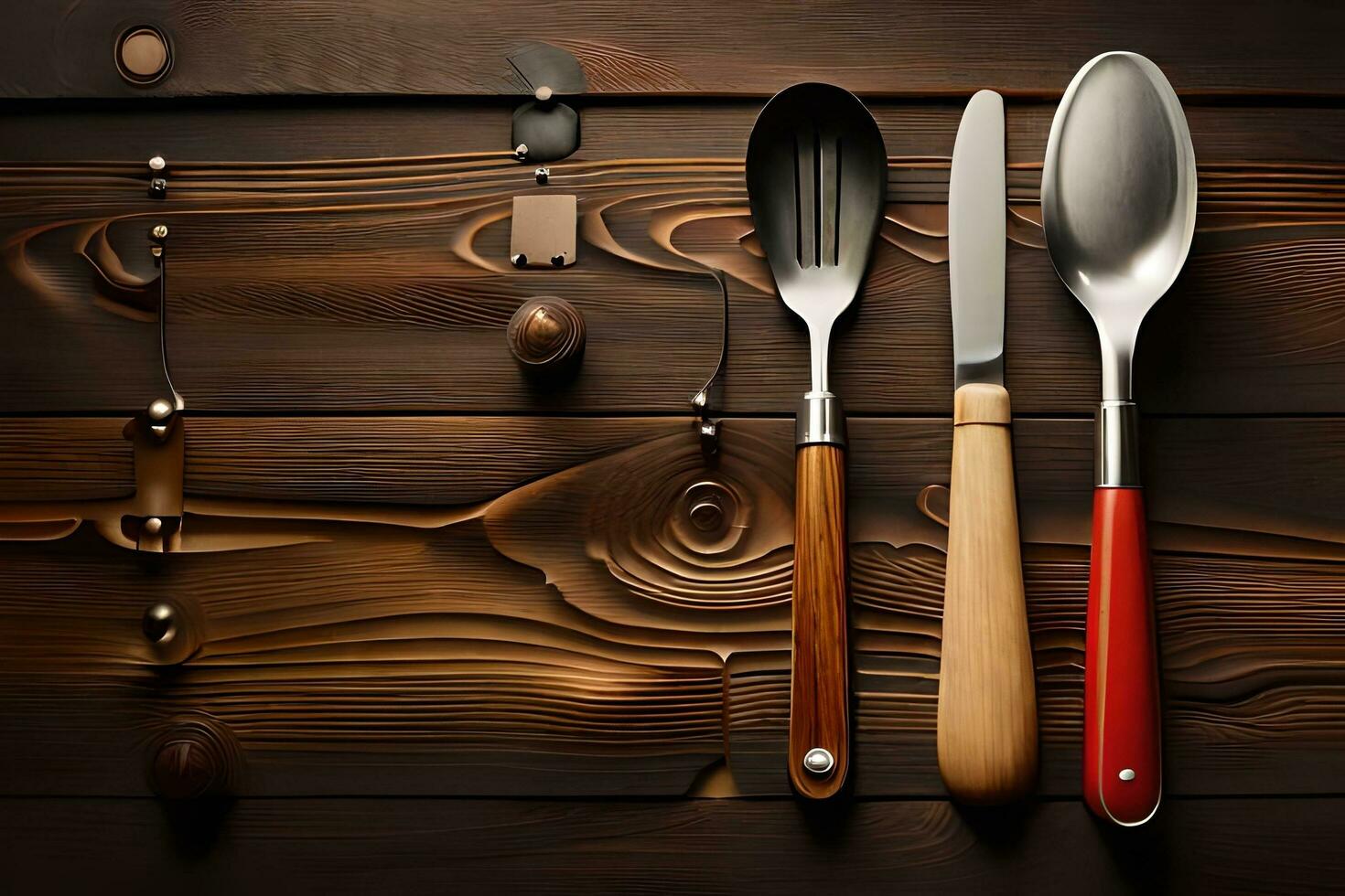 a wooden table with a spoon, fork and spoon. AI-Generated photo