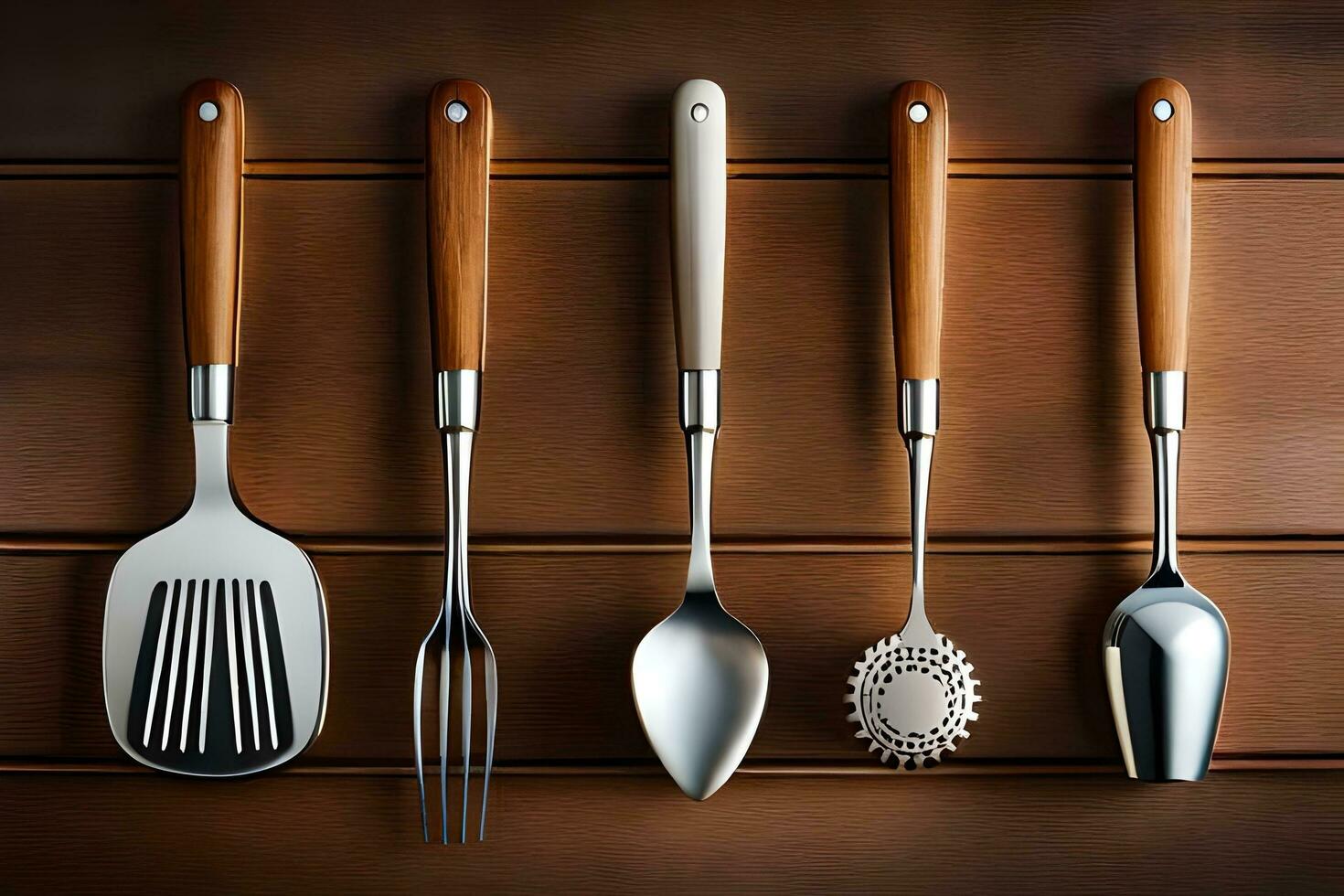 five different utensils are lined up on a wooden surface. AI-Generated photo