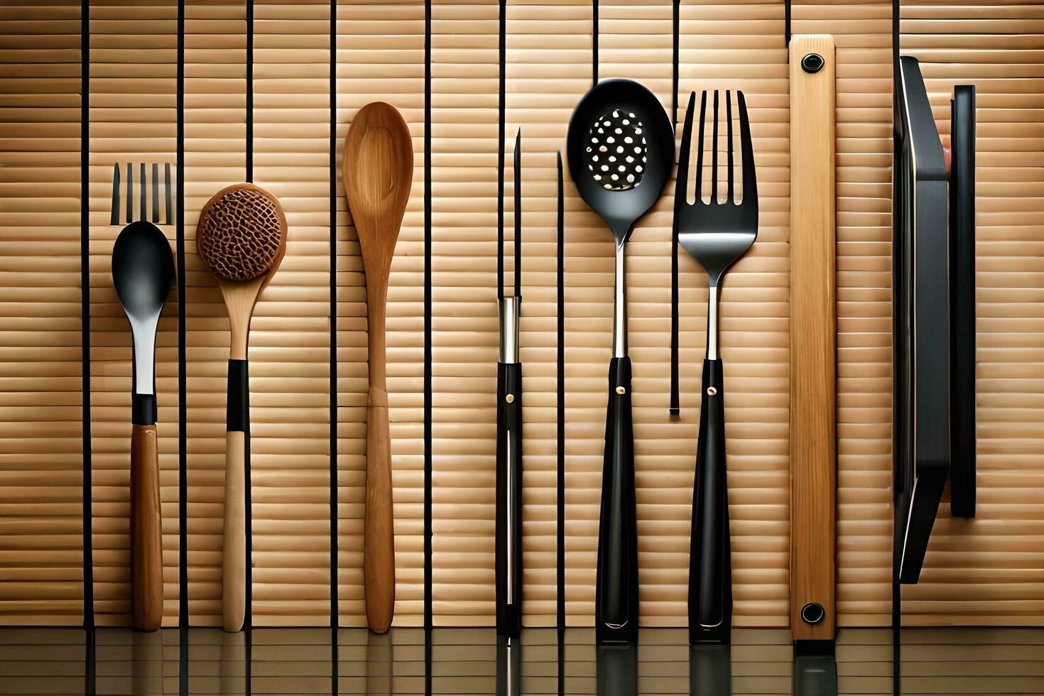 un conjunto de utensilios y cucharas en un bambú pared. generado por ai foto