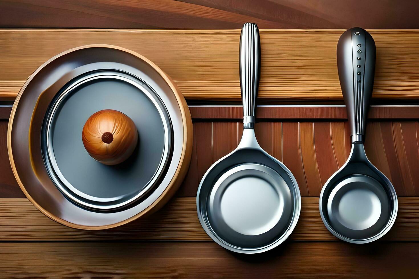 three spoons and a wooden bowl on a wooden table. AI-Generated photo