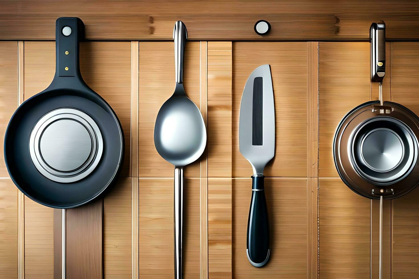 cocina utensilios en de madera pared. generado por ai foto