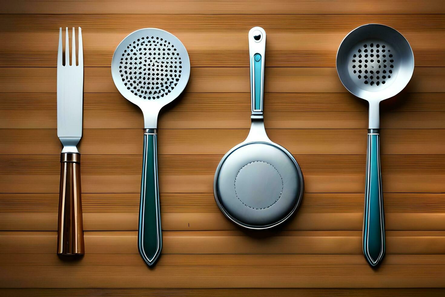 four different utensils are shown on a wooden surface. AI-Generated photo