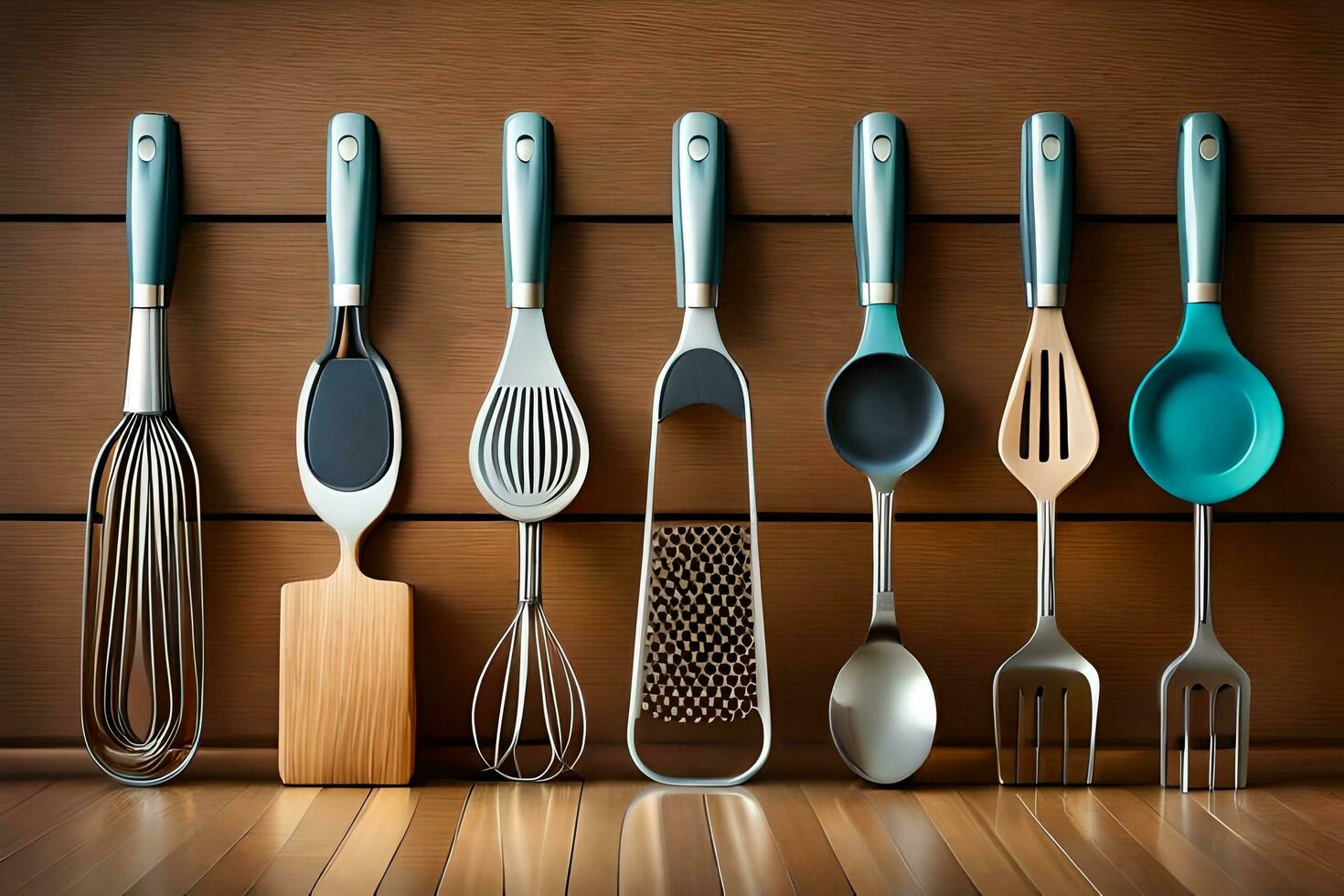 kitchen utensils on wooden wall. AI-Generated photo