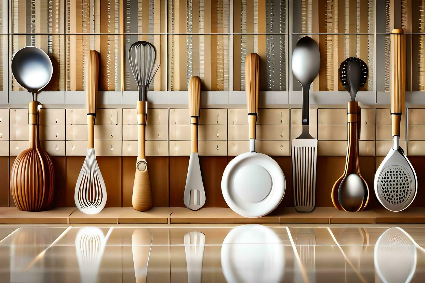 a row of kitchen utensils are lined up on a shelf. AI-Generated photo